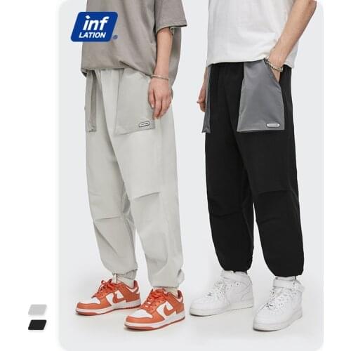 INFLATION Men Joggers Pants Streetwear 2021 Spring Fashion Color Block Gray Pockets Hip Hop Pants Men Trousers 3581S21