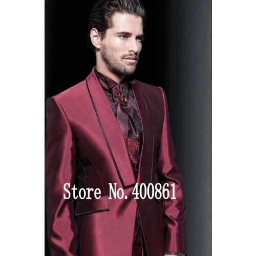 Fantastic One Button Shiny Burgundy Groom Tuxedos Groomsmen Shawl Lapel Mens Suits Blazers (Jacket+Pants+Vest+Tie) W:1172