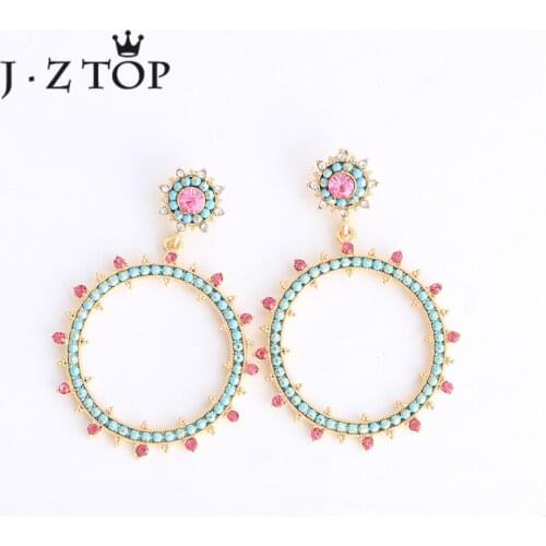 JZTOP Vintage Ethnic Crystal Circle Drop Earrings Woman Luxury Colorful Rhinestones Round Geometric Dangle Earring Lady Wedding