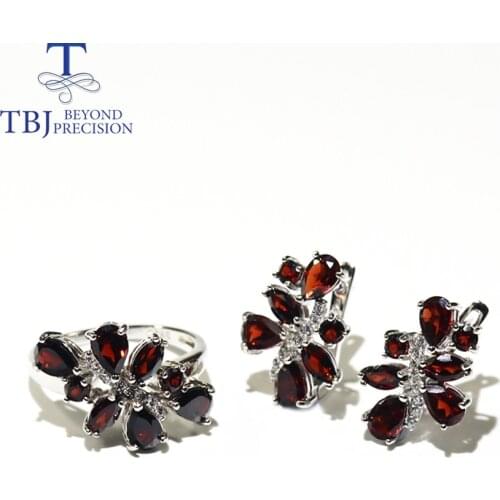 Natural Dark Garnet Jewelry Set Gemstone Earring Ring 925 sterling silver fine jewelry for women mom wife anniversarty gift