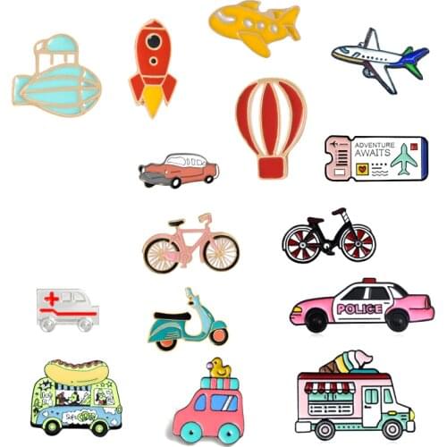 Creative Bicycle Electric Vehicle Car Enamel Brooch Planet Hot Air Balloon Rocket Spacecraft Airline Ticket Badge Cartoon Pin