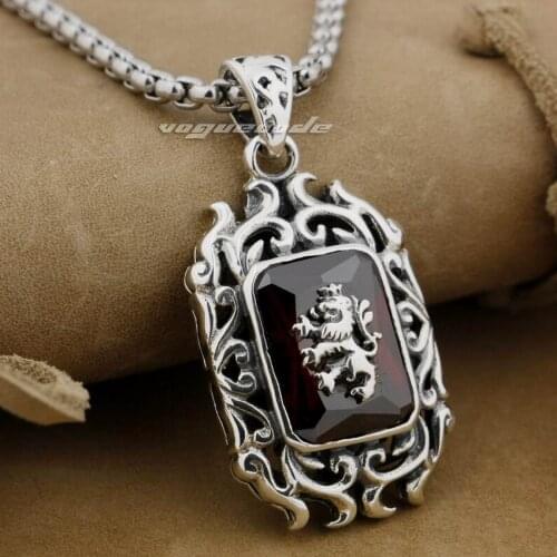 LINSION 925 Sterling Silver Lion On Fire CZ Stone Mens Biker Rock Punk Pendant 9E009