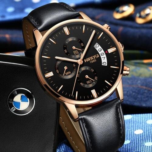NIBOSI Mens Watches Top Luxury Brand Waterproof Casual Wrist Watch Chronograph Quartz Military Genuine Leather Relogio Masculino