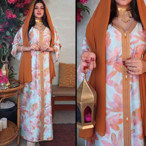 Newest Floral Muslim Dress Djellaba Muslim Robe Sets Abaya Syari Female Evening Gown Abaya Worship Service Abayas WY66