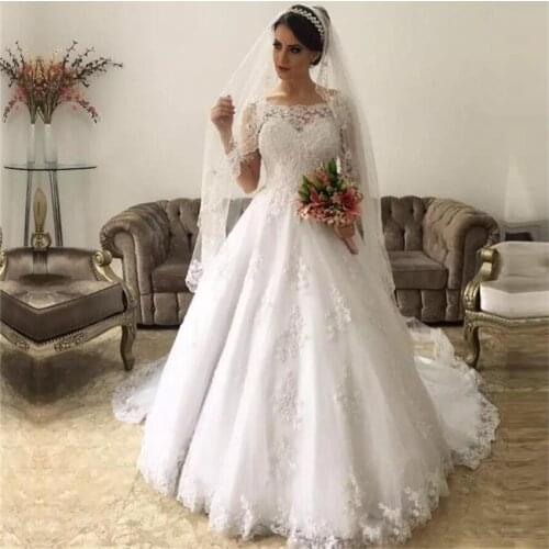 Luxury Long Sleeves Lace Tulle Ball Gown Wedding Dresses Wedding Gown Bride Dress Vestidos De Noiva 2020 robe de mariage