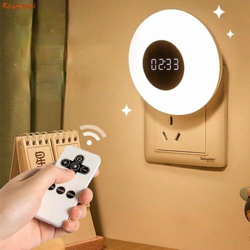 ROUKEYMI LED Clock Small Night Light Remote Control Newborn Babys Breast Feeding Eye Protection Bedroom Bedside Plug Wall Lamp