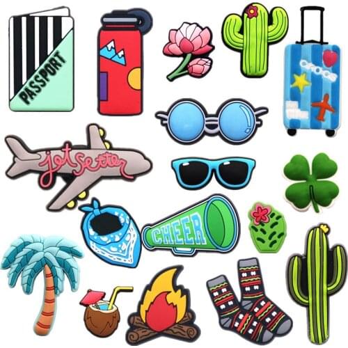 Original Travel Style Shoe Accessories Charms Cactus Airplane Passport PVC Slippers Decoration for JIBZ Kids X-mas Party Gifts