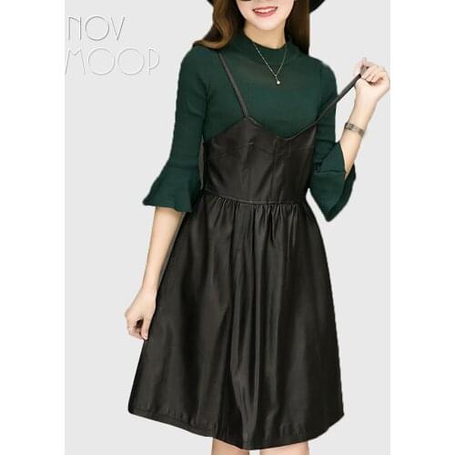 Street wear genuine leather real lambskin strap slip dress spring autumn women black slim A-Line dress jurken robe femme LT2306