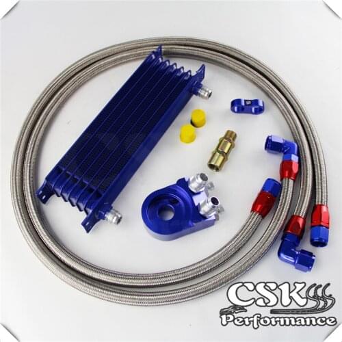 Universal 7 Row 262mm AN10 Engine Transmission Oil Cooler Trust Type + Aluminum Filter Adapter Kit Blue