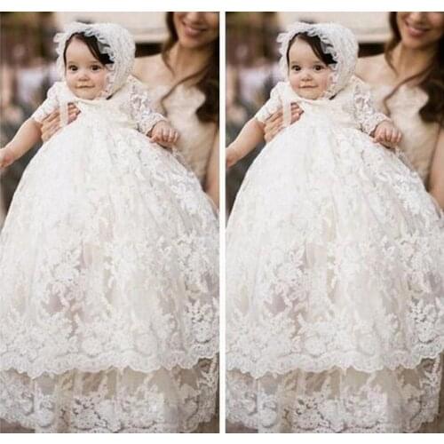 Vintage Kids Two Layer of Lace Christening Dress For Baby Half Sleeve Baptism Gown First Communion Dresses with Hat