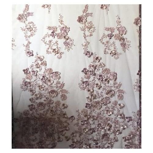 5 yards high end elegant nude purple gold pink heavy beaded lace fabric with 3D flowers embroidered haute couture lace fabric