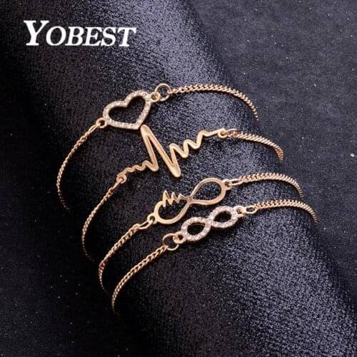 Yobest 4Pcs/ Set CZ Stone Heart Bracelets Bangles for Woman Gold Color Crystal Wedding Bracelets Set