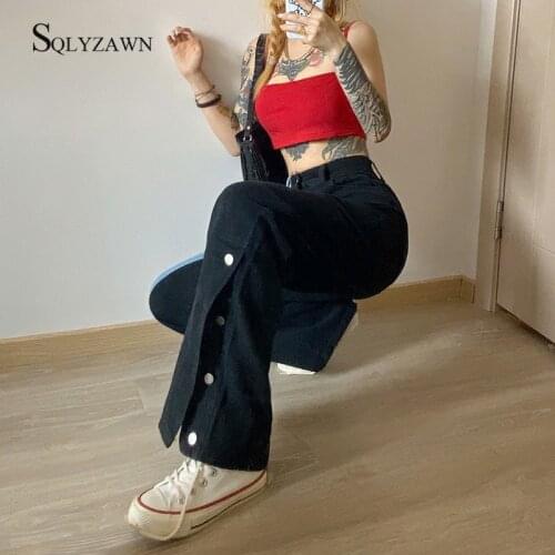 Color Block Patchwork Baggy Boyfriend Jeans Streetwear Bell Bottoms Woman Trouser Denim Wide Leg Pants with Button Korean Style