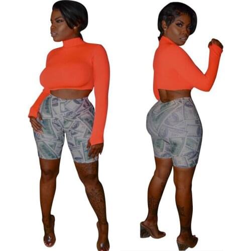 Woman Casual Knee Length Shorts Pant USD Money Printed elastic Waist Shorts Pant S-XL DS-19063