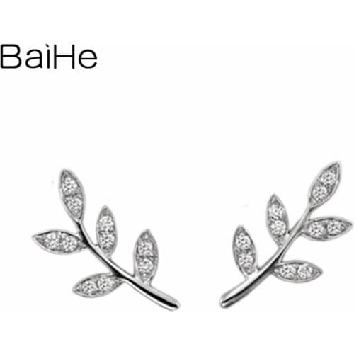 BAIHE Solid 14K White Gold 0.20ct H/SI Natural Diamonds Fine Jewelry Diamond Leaf Gift Stud Earrings For Women серьги Engagement