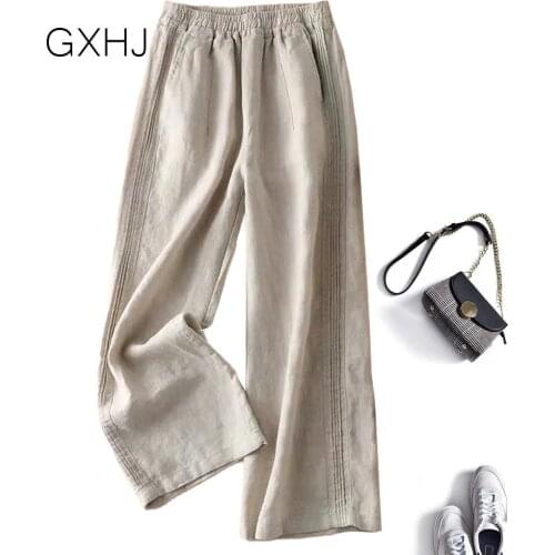 2021 Women Elastic Waist Wide Leg Pants Casual Palazzo Vintage Linen Pantalon Cotton Plus Size Female Trousers LHJ090
