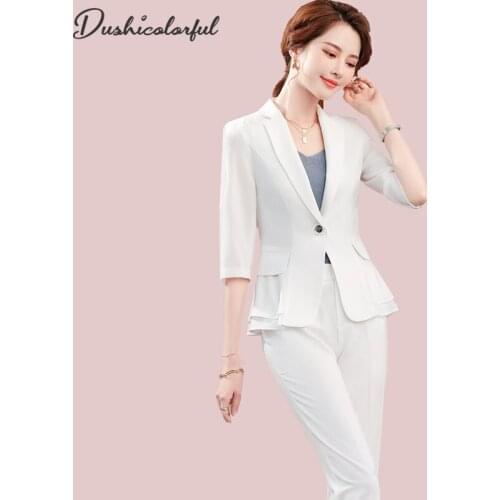 Women Office suits 2021New Spring Summer Half sleeve Ruffle cardigan Blazer Pants Sets White two-piece Lady Fashion Short Suits