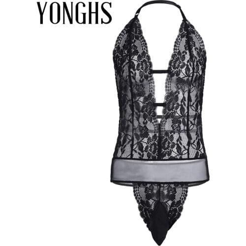 Mens Erotic Lingerie Sissy Bodysuit Halter Backless Hot Sexy Sex Costume See Through Lace Floral Pouch Sissy Bodysuit Nightwear