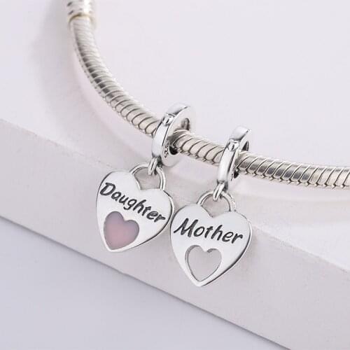925 Sterling Silver Mother & Daughter Double Heart Split Dangle Pendant Charm Bracelet Fashion Jewelry DIY Making For Pandora