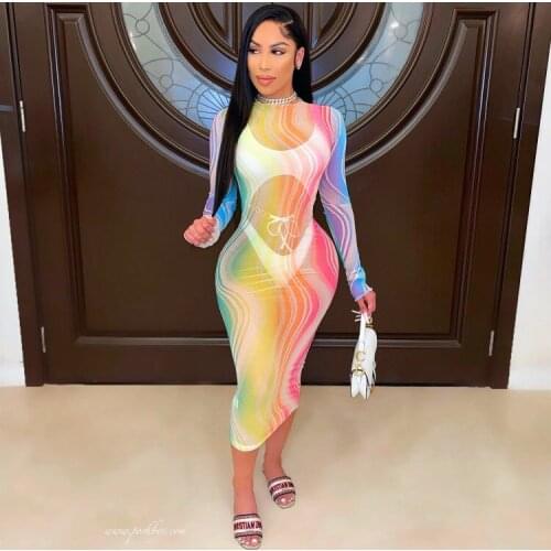 BKLD 2021 New Colorful Striped Printed Long Sleeve Skinny Bodycon Dress Sexy See-Through Mesh Women Clothing Party Clubwear