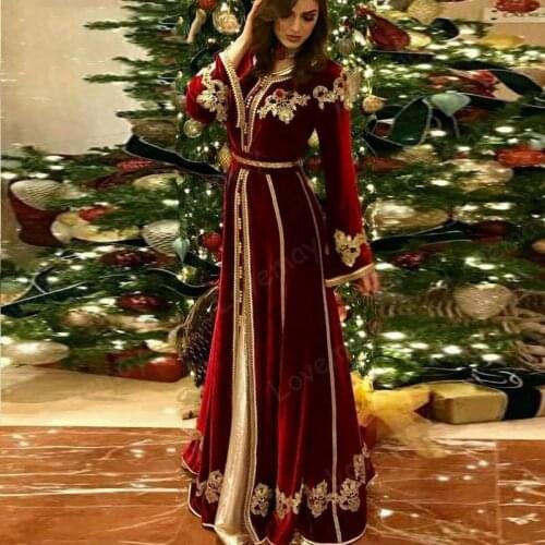 Burgundy Moroccan Caftan Velour Prom Dresses Long Sleeve Saudi Arabia Muslim Evening Gowns Gold Appliques Lace Dubai Women Dress