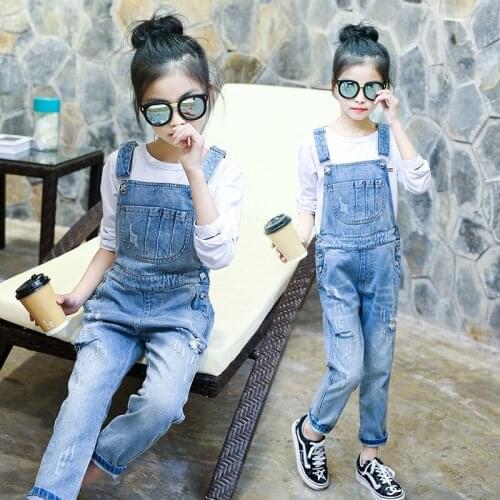Denim Overalls Autumn Spring Children Clothing Girls Denim Jumpsuit Fashion Teenage Kids Hole Ripped Pants for Girls 5-13 Y