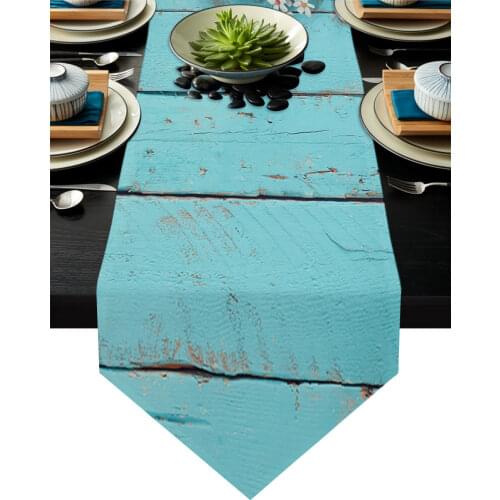 Plum Blossom Plank Blue Wood Flower Table Runner Country Wedding Decor Tablecloth Placemat Dinning Table Art Table Runners