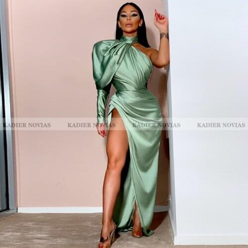 KADIER NOVIAS Floor Length Green Sexy Prom Dresses 2021 High Slit Satin Celebrity Evening Gown Vestido De Fiesta