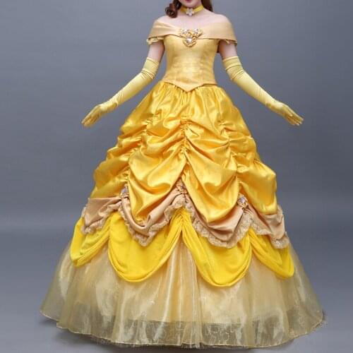 Movie Woman And Beast Cosplay Costume The Girl Belle Yellow Princess Dress For Adult Women Fancy Carnival Halloween Dresses