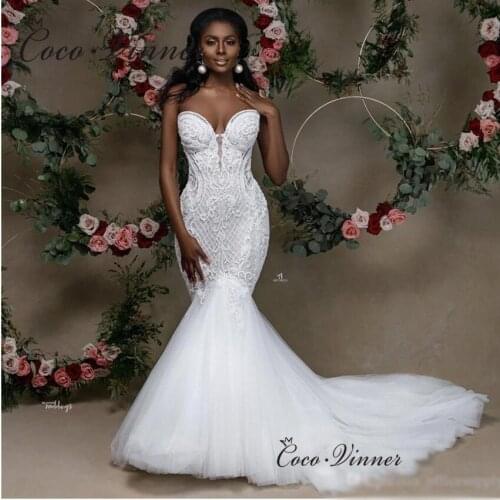 Lace Appliques Vintage Mermaid Wedding Dress Europe Pearls Beaded Court Train Wedding Gown White Plus Size Bridal Dresses W0848