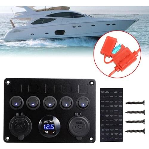 Mayitr 1pc Blue LED 5 Rocker Switch USB Voltmeter Power Socket Panel Waterproof 12V/24V Cigarette Lighter For Caravan Truck Boat