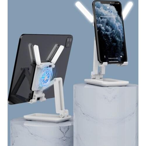 Multifunction Foldable Phone Holder Mobile Phone Mount Desktop Phone Bracket Angle Adjustment With Cooling Fan & LED Light