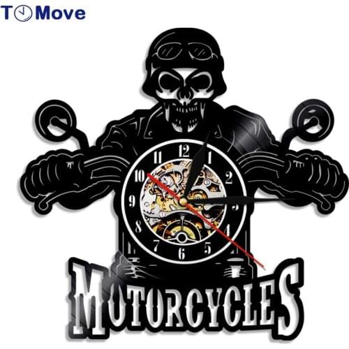 Racer Skull Biker Vinyl Record Wall Clock Skull In Helmet Racer Motorcycles Wall Clock Modern Living Room Decoration Best Gift