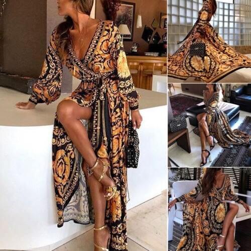 New Hot Women Sexy Party Dress Long Sleeve Vintage Deep V Neck Print Long Dress Formal Sexy Fashion Elegant Clubwear Canonicals
