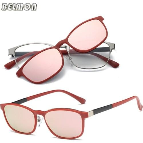 Belmon Spectacle Frame Men Women Eyeglasses With Polarized Clip On Sunglasses Magnetic Myopia Glasses Male Driving Optical RS485