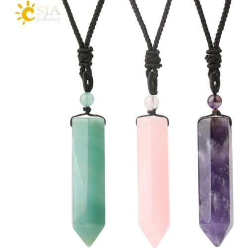 CSJA Rose Crystal Quartz Natural Stone Necklace Big Size Sword Hexagonal Pendants Green Aventurine Purple Amethysts Reiki G699
