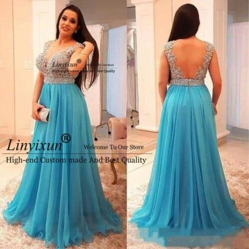 Stunning Beaded Chiffon Plus Size Evening Dress Deep V Neck Backless Prom Gown Floor Length Pleated Long Formal Guest Dress