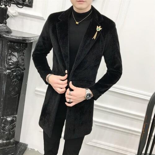 Luxury Mens Long Coats Black Velvet Long Trench Coat Mens Wool Coats Gentleman Long Jackets Slim Fit Elegant Abrigos Hombre Blue