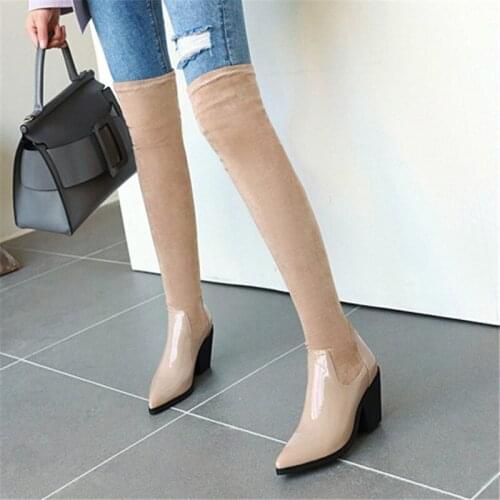 PXELENA Patchwork Stretch Over The Knee Boots Women Autumn Shoes Chunky Heels Thigh High Boots Fashion Office Lady Party Daily