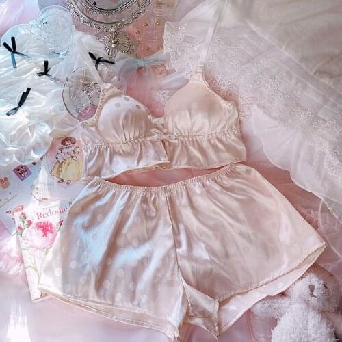 Sexy feminine lingerie with underpants suit high-end satin ruffled home furnishing underwear no steel ring triangle cup bra set