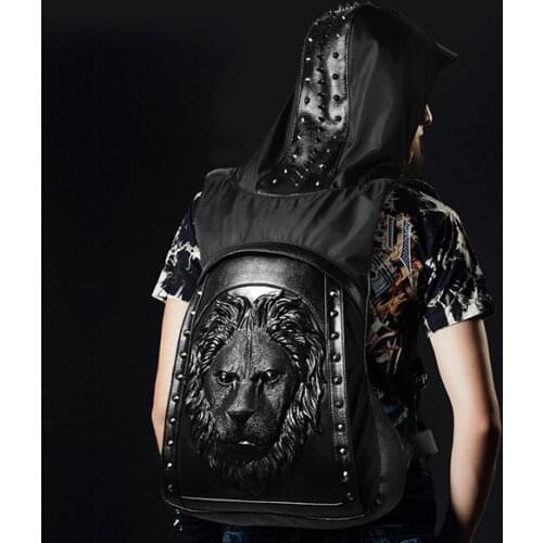 Large Capacity Men Restore 3D Rivets Lion backpack gothic 3D embossed leather Shoulder Bag with Hood Cap Apparel Travel Backpack