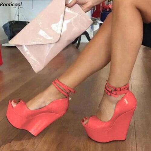 Ronticool Handmade Women Classic Pumps Ankle Strap Wedges High Heels Peep Toe Pretty 7 Colors Party Shoes US Plus Size 5-20