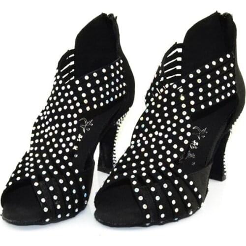 Rhinestone Latin Dance Shoes For Women Black Ballroom Tango Shoes Latin Shoes for Danding Indoor & Outdoor Soft Sole Female