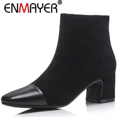 ENMAYER Cow suede Women Ankle boots Fashion Boots Female Causal Shoes Thick Med heels Winter Zipper Patchwork Square toe CR752