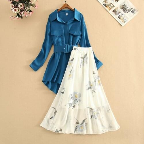 2021 Spring New Women Chiffon Two Piece Set Suits Long Sleeve Blue Belt Long Shirt Slim A Line Flower Printed Chiffon Maxi Skirt
