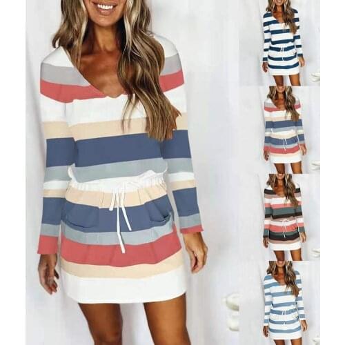 Womens Dress Striped Color V-neck Drawstring Pocket Long SleevedDress Women Casual Summer Dresses Beach Sundress vestidos