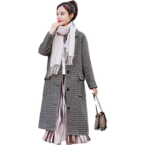 Houndstooth Trench Coat Women Autumn Winter 2020 New Korean British Style High-End Plaid Straight Woolen Coat Female Pocket E463