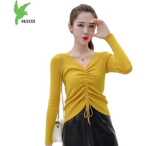 2018 Spring Autumn Women Knit Sweaters pullover new fashion V-neck Drawstring Bottoming Sweaters female Slim Sexy Sweaters 2162