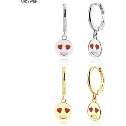 ANDYWEN New 925 Sterling Silver Gold Love Heart Happy Face Smiley Drop Earring Dangle Charm Simple Clips Pendiente Jewelry