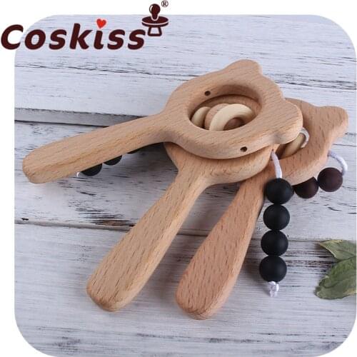 Coskiss Baby Wooden Beech Rattle Wood Bear Silicone Beads Hand Bell Rattle Newborn Play Gym Montessori Educational KidsToys